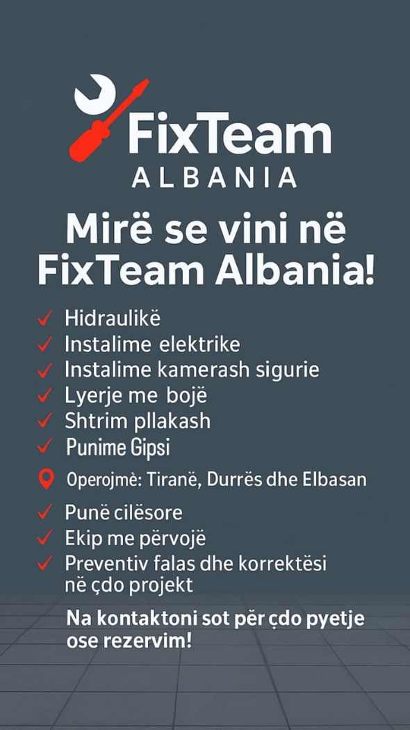 Ikonat e shërbimeve Fix Team — hidraulikë, elektricitet, kamera sigurie, lyerje, pllaka dhe punime gipsi