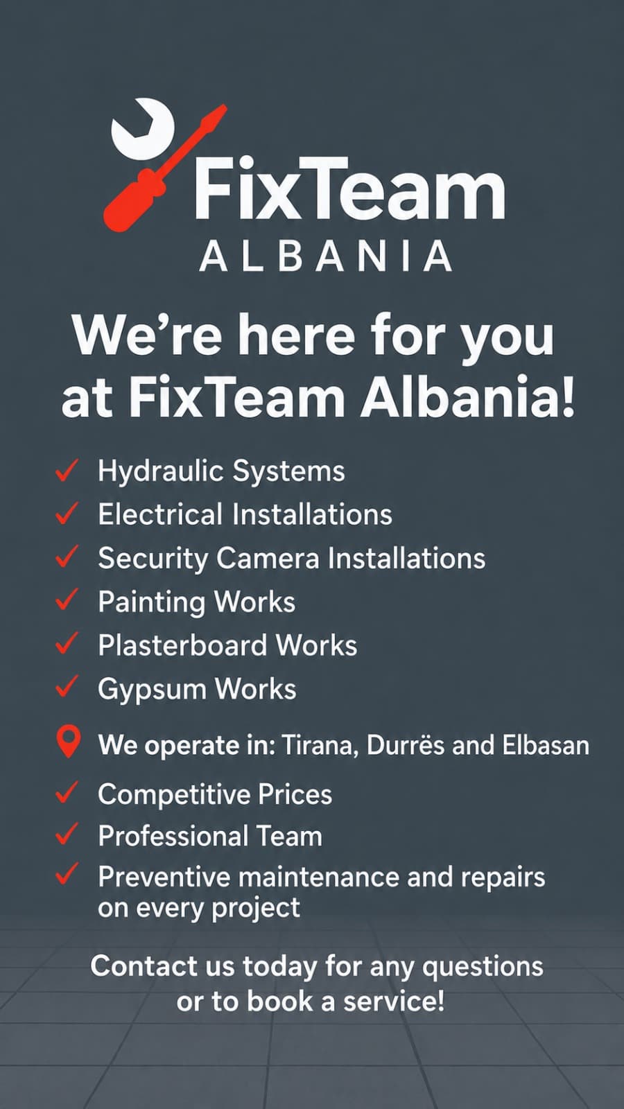 Fix Team service icons — plumbing, electrical, CCTV, painting, tiling and drywall